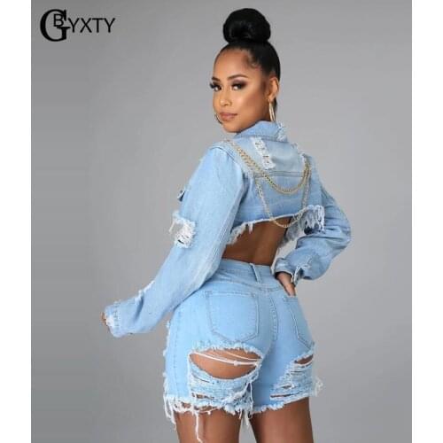 GBTXTY Plus Size 3XL Sexy Back Chains Extra Short Denim Coat Women Summer Autumn Ripped Holes Tassel Cropped Jeans Jacket ZL1202