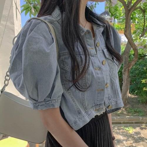 2020 Summer Turn-down Collar Single Breasted Loose Section Puff Sleeve Short Denim Jacket Korean Casual Women Coats Veste Femme