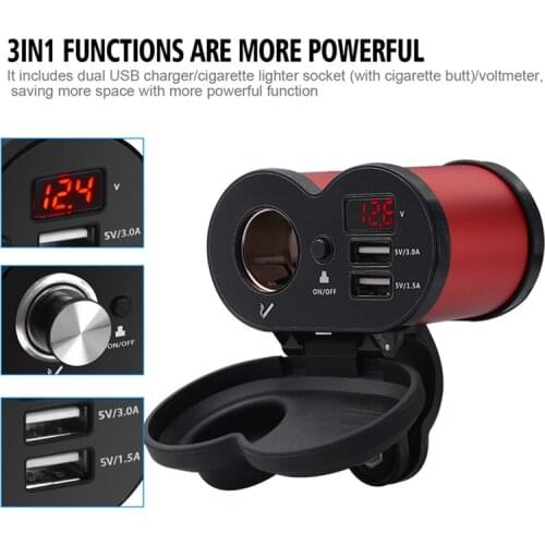 Multi-purpose Motorcycle Cigarette Lighter With Digital Display Switch Red Shell Aluminum Alloy Waterproof Car Charger Adapter