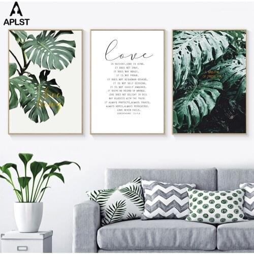 Love Quote Monstera Leaf Canvas Prints and Poster Tropical Plants Green Leaves Printing Artwork Wall Art Decor for Living Room