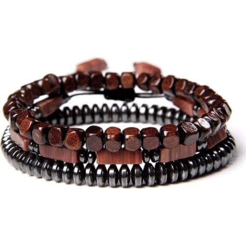Handmade Multi-Layer Wood Beads Bracelet Weight Loss Round Black Natural Hematite Stone Metal Bracelet Jewelry for Men Women