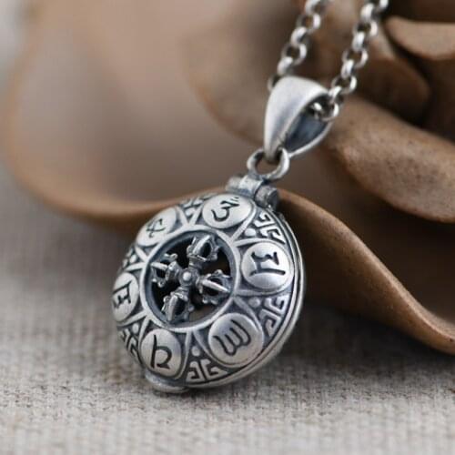 S925 Sterling Silver Retro Six-character Mantra Cross Vajra Hollow Sachet Pendant Thai Silver Round Box Jewelry Female Pendant