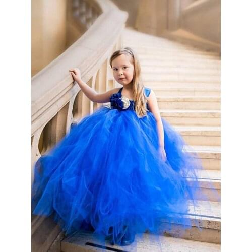 Sapphire royal blue Princess Kids Girls Tutu Dresses Tulle Straps Flower Children Children Dress birthday christmas Kids Clothes