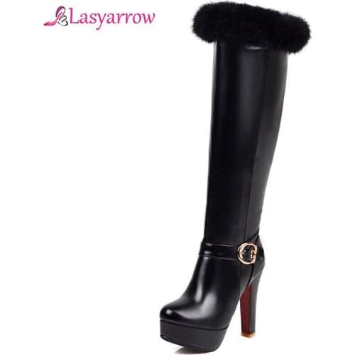 Lasyarrow Women Knee High Boots Plush Fur Woman Snow Long Botas Ladies Fashion Warm Winter Woman Buckle Platform Shoes Footwear