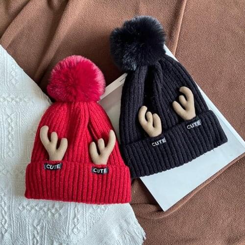 1pc Thicken Warm Pom Pom Decor Hat Antlers Knit Beanie Cap Winter Hat For Women Girls Clothing Accessories Winter Essential