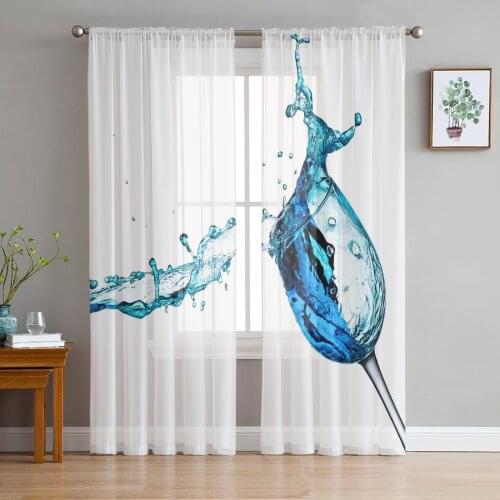 Goblet Blue Liquid Chiffon Tulle Curtains for Living Room Kitchen Bedroom Sheer Voile Yarn Window Treatment
