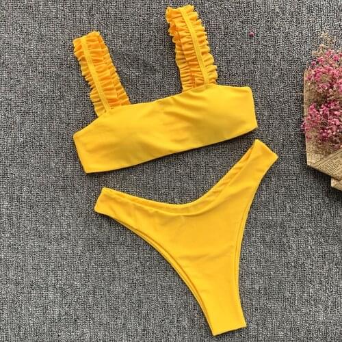 Sexy Ruffled Bikini 2021 Women High Cut Solid Yellow Push Up Bra High Waist Swimsuit Female Summer Bathing Suit Swimwear Biquini