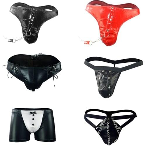 Mens Sexy Underpants Sexy Patent Leather Boxer Shorts Low Waist String Briefs Faux Leather Bandage Chain Thong T-pants