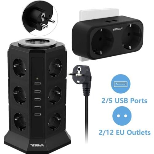 EU KR Power Strip Tower with 5 USB Ports and 12 Outlet Extender USB Socket Multi Plugs with 2M Extension Cord Home Power Adaptor