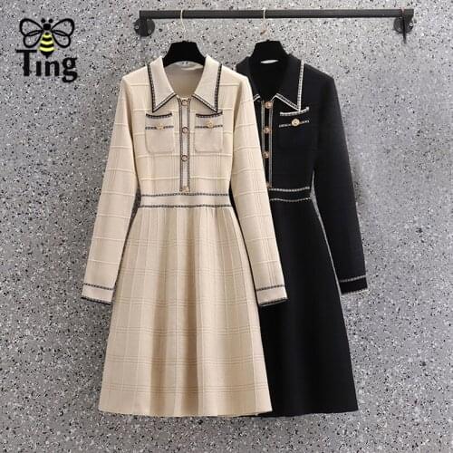 Tingfly Vintage Elegant Lapel Collar Button Decor Knitted A Line Dress Winter Autumn Slim Waist Casual Fashion Chic Vestidos New