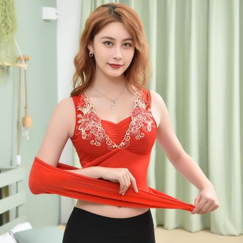 Women 2021 Autumn Winter Fashion Thermal Underwear Vest Tops Female Floral Embroidery Tank Tops Ladies Slim Warm Vest Tops E81