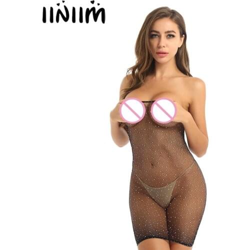 Womens Shiny Rhinestones Netted Lingerie Sheer Tube Dress Exotic Babydoll Bodycon Mini Dress Hosiery Fetish Exotic Nightwear