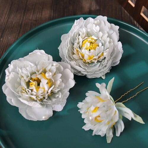 3pcs Artificial Chrysanthemum Side Hairpin Pearl Inlaid Chinese Style Cute Vintage Headdress Hanfu Clothing Accessories ML