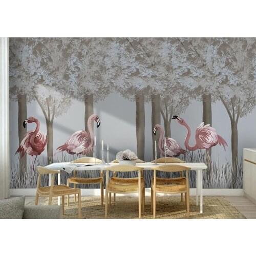 Customized 3D mural wallpaper Nordic hand-painted forest flamingo TV sofa background wall decoration painting