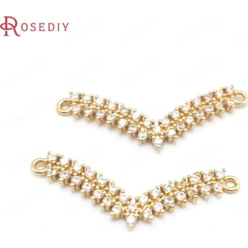 40663)6PCS 24K Champagne Gold Color Brass and Zircon 2 Holes Curve Connect Charms Pendants Jewelry Making Supplies Accessories