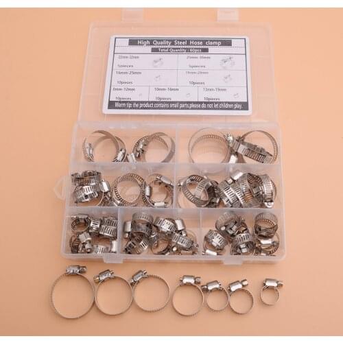60pcs/set Car Silver 7-Size Clamp Assortment Hoop Hose Clamps w/ Box for Fuel Line/Worm Gear Hoses Stainless Steel