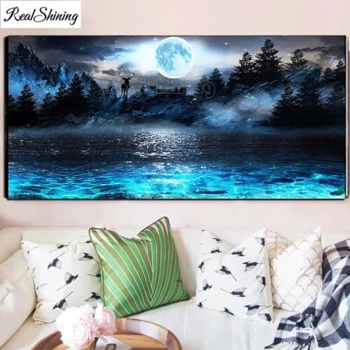 Large Moon Blue Sea 5d diy diamond painting full drill square/Round rhinestone mosaic mountain deers embroidery round Decor T87