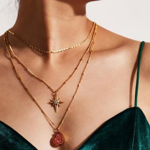 Fashion Rhinestone Star 3 Layer Necklace Long Quartz Drop Necklace Pendant Bohemia Choker Gold Chain Collar For Women Jewelry