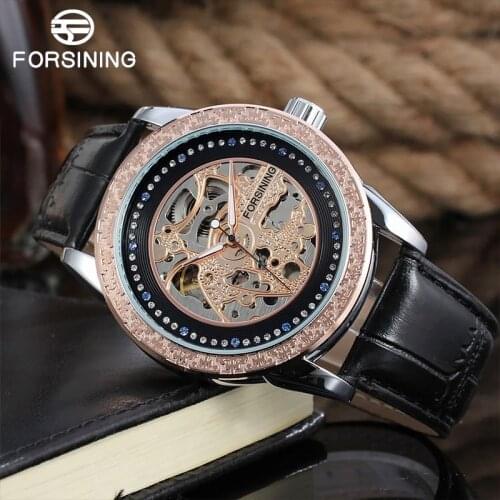 FORSINING Men Hollow Out Automatic Watch Top Luxury Brand Leather Diamond Mechanical Watches Male Waterproof Relogio Masculino