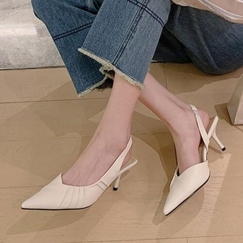COOLULU Genuine Leather Slingbacks Shoes Women High Heels Thin Heel Dress Pumps Pleated Pointed Toe Female Footwear Apricot 40