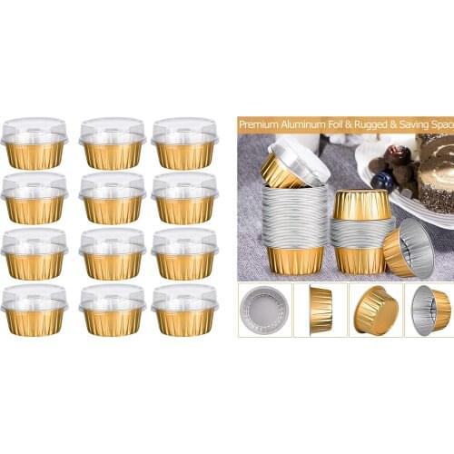 Dessert Cups with Lids, Gold Aluminum Foil Baking Cups Holders, Cupcake Bake Utility Ramekin Clear Pudding Cups