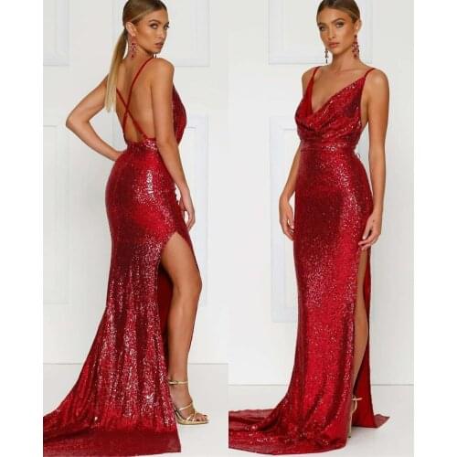 Long Sequined Cowl Neck Red Evening Dresses with Slit Mermaid Sexy Back CourtTrain Robes De Mariée Party Gowns For Women