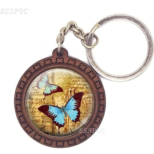 Blue Butterflies Anime Keychain Sleepy Owl Keyring Spring Equinox Wood Craft Gifts for Women