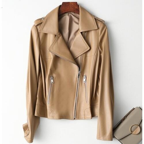 White Women Ladies Brown Genuine Sheepskin Real Leather Motorcycle Jacket Female Zipper Short Coats High Quality