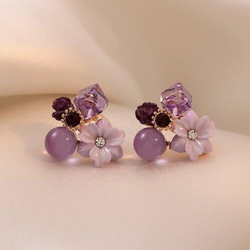 Cute Female Purple Flower Stud Earrings Charm Gold Color Wedding Earrings For Women Boho Moonstone Zircon Enamel Small Earrings