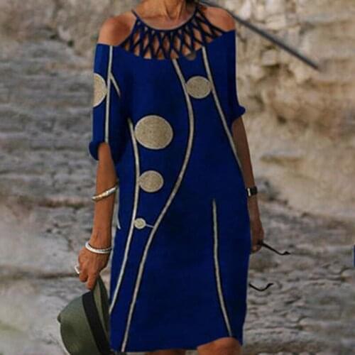 Fashion Women Dress For Lady Casual Loose Half Sleeve Hollow Out Dresses Floral Print Round Neck Summer Female Dress Clothing