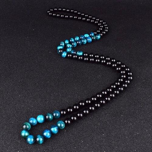 Fashion Lake Blue Tiger Eye Stone Necklaces Men Natural Onyxs Obsidian Meditation Necklace Women Yoga Prayer Handmade Jewelry