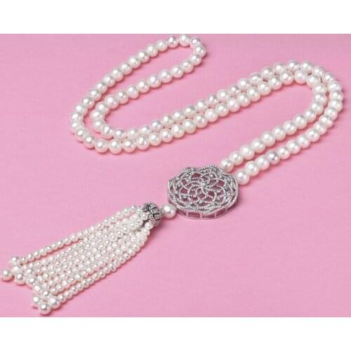 Natural near round bright freshwater pearl long sweater chain 8-9mm Necklace long tassel for girlfriend Necklace 25inch
