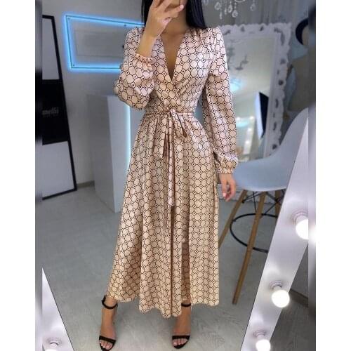 HGTE long party dress Floral print geometric women vintage dress Autumn winter elegant office lady dress vestidos