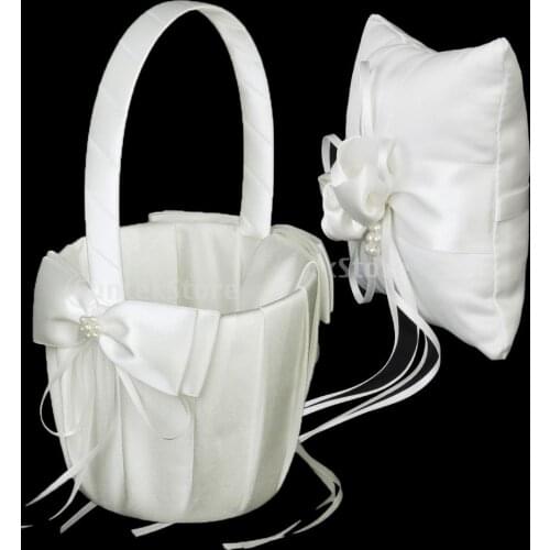 New Wedding Ceremony Supplies Ivory Satin Crystal Ring Bearer Pillow + Flower Girl Basket Cushion Holder Wedding Decor Accessory