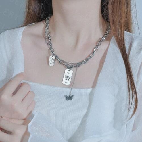 Punk Pearl Chain Necklace For Women Butterfly Dog Tag Heart Pendants Necklaces Womens Neck Chain Jewelry On The Neck