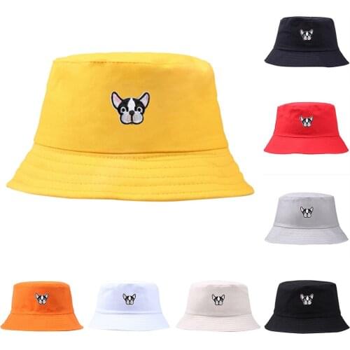 Men Women Fashion Panama Hat Dog Cartoon Embroidery Cotton Bucket Hat Hip Hop Fisherman Cap Summer Outdoor Casual Sun Bucket Cap