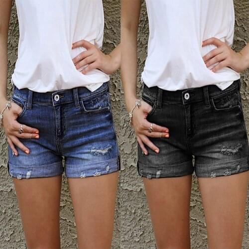 New Shorts jeans Solid Color Women Broken Denim Shorts Ripped Jeans Short Mid Waisted Hotpant Femme Slim Fit Pantalones Shorts