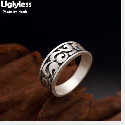 Uglyless 100% Real Solid 990 Pure Silver Vintage Totem Patterns Thai Silver Rings for Women Ethnic Fine Jewelry Handmade Rings