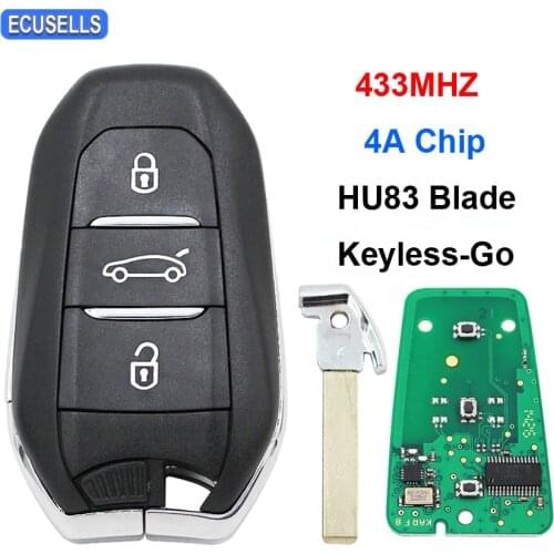 Keyless-Go 3 Button Smart Remote Car Key 433MHz 4A Chip for Citroen C4 C4L with Emergency Key HU83 Uncut Blade