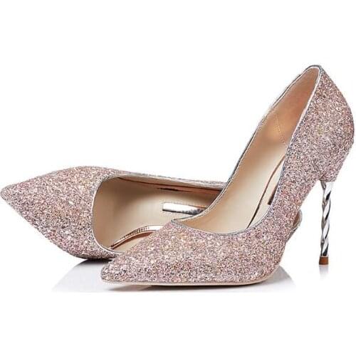 Carpaton Spring New gold and silver sequins pointed mid high heel sexy fine heel shallow mouth crystal bridesmaid wedding shoes