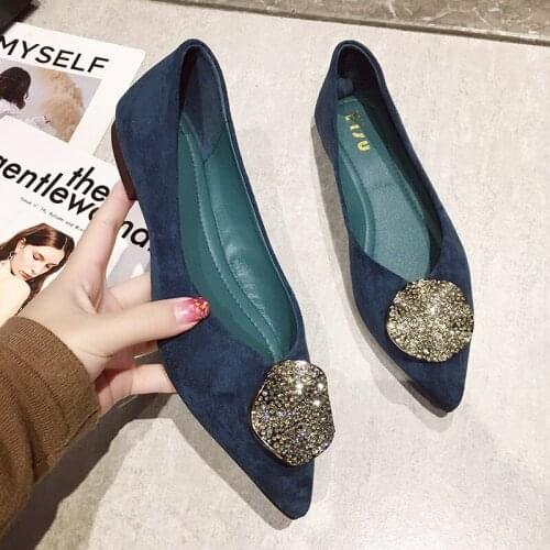 2020 New Rhinestone Ballet Flats Round Buckle Solid Flock Women Shoes Woman Slip on Shallow Pointed Toe Flat Bottom Casual Shoes