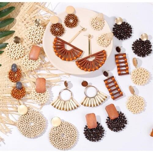2020 Fashion Boho Round Square Geometric Wooden Drop Earrings For Women Bohemian Vintage Wood Beaded Dangle Earring Jewelry Gift