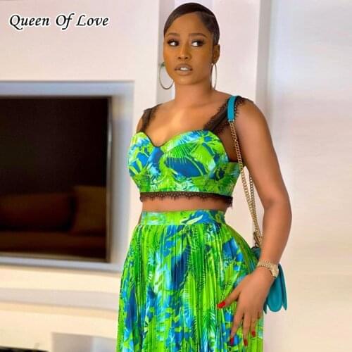 2021 New Summer Fashion Elegant Holiday Skirt Suit Casual Green Leaf Print 2 Piece Set Women Crop Top And Mid Pleated Skirt Sets