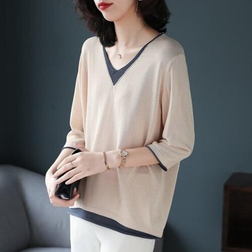 Knitted V-neck mock two-piece Women Spliced Pullovers Loose Three Quarter sleeve thin sweater 2020 Autumn Apricot Patchwork Tops