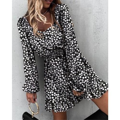 40# Women Bohemian Chiffon Dress Ruffle Summer Dress Casual Vintage Evening Party Dress Long Sleeve Mini Dresses Платье Летнее