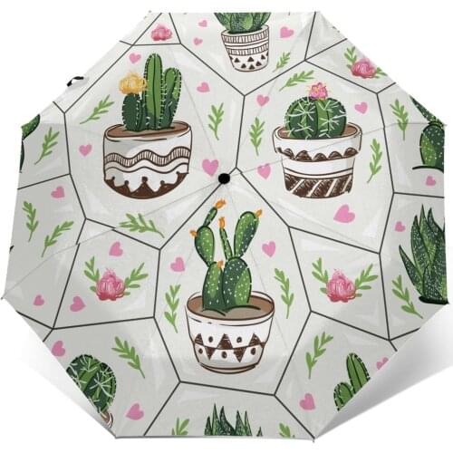 Automatic Umbrella Rain Women Three-folding Umbrella Cactus Pattern Windproof Umbrella Female Waterproof parasol