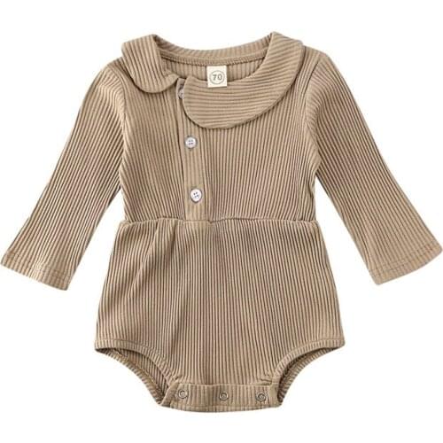 Free shipping Newborn Baby Girls Clothes Long Sleeve Button solid lovely Jumpsuit turn-down collar Toddler Bodysuit one pieces