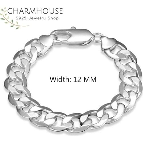 Pure 925 Silver Bracelets for Men 12mm Figaro Chain Bracelet & Bangles Pulseira Wristband Fashion Jewelry Accessories Bijoux