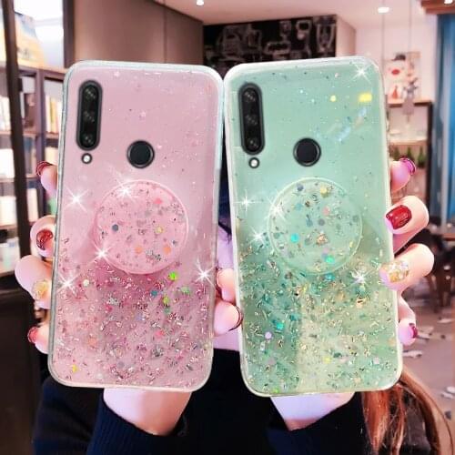 Bling Glitter Phone holder case For Huawei Honor 9A 9S 9C 9X 8A 8C 8S 8X 7A 7C 7X X10 Coque Silver Foil Silicone Stand Cover
