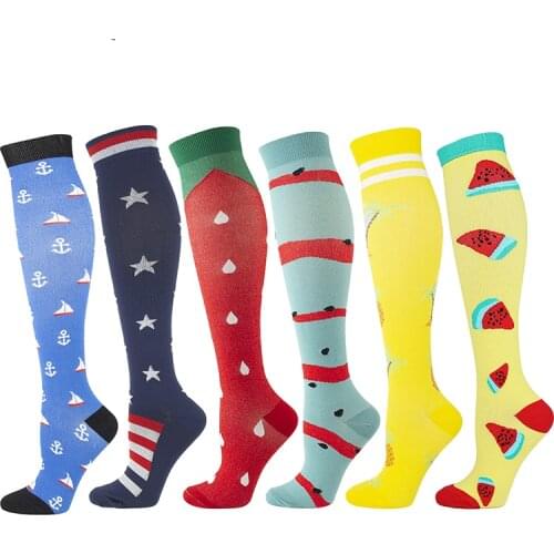 24 Styles Unisex Compression Socks Funny Pattern Fruit Star Stripe Cat Black Socks Outdoor Cycling Long Pressure Stockings High